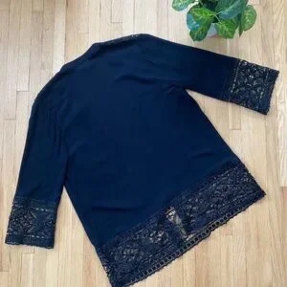 NY Collection Open Front Lace Trim Black 3/4 Sleeve Kimono Cardigan Size S - Picture 9 of 10